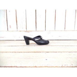 Vintage black leather high heel mule clog slip on sandals
